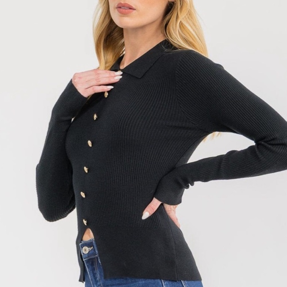 EVER B 🆕 Cotton Blend Stretch Ribbed Collared Button Front Pullover Black Sz Med